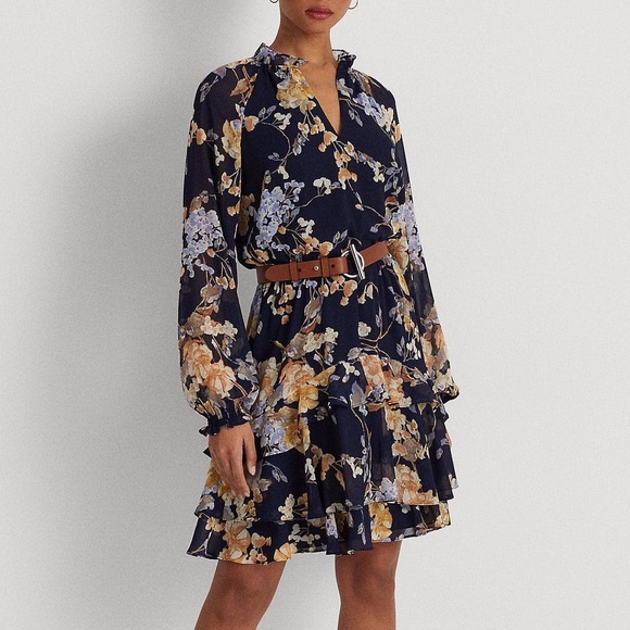 Lauren Ralph Lauren Floral Belted Crinkle Georgette Dress, Plus Size 22W NWT